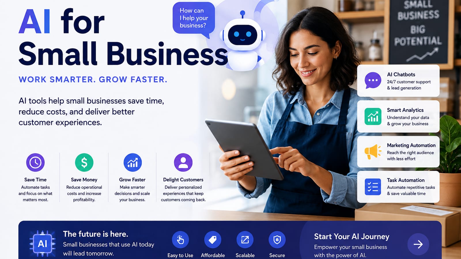 AI assisting a small business owner at a modern workspace